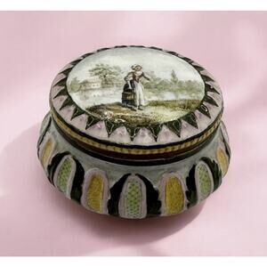 Antique Hand Painted Trinket/Patch Box Porcelain Country Woman 19th Century